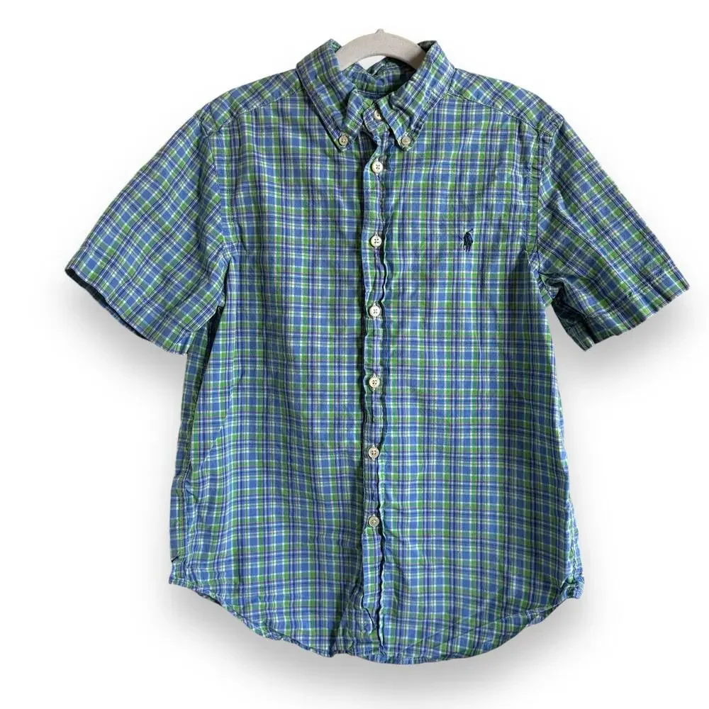 Ralph Lauren Boys Shirt Size M 10 12 Green Blue White‎ Pink Plaid Short Sleeve